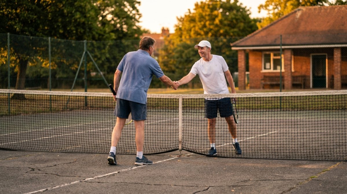 Two amateur players shaking hands over the net after a friendly match on a British park court